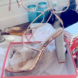 US 10- Simmi London- Lace up rose gold/ clear heels